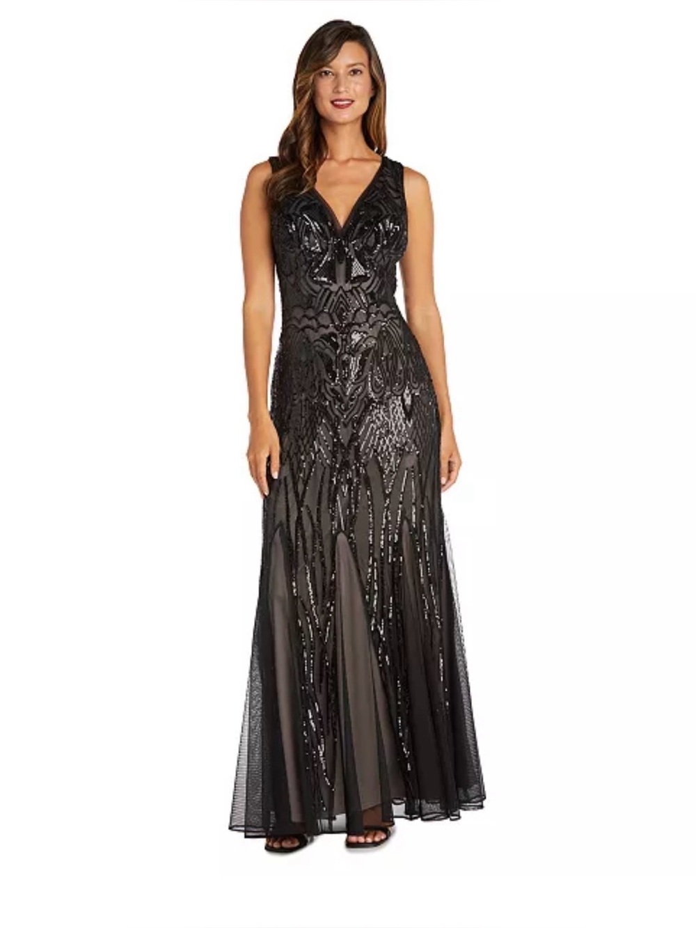 R & M Richard’s Sequined V-neck Godet Gown